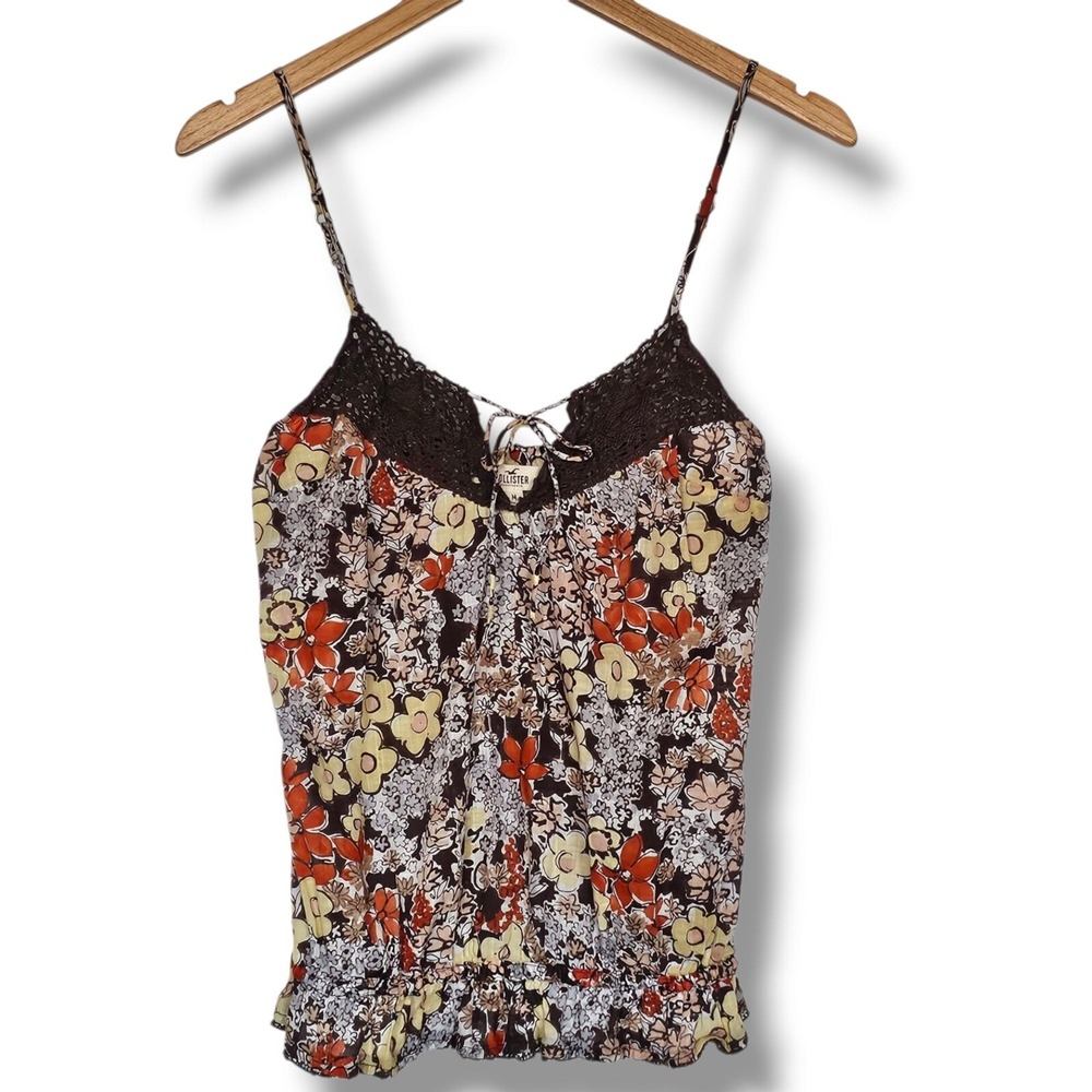 Hollister Vintage Y2K Tank Top Floral Size M Brown Crochet Trim‎ Boho Festival